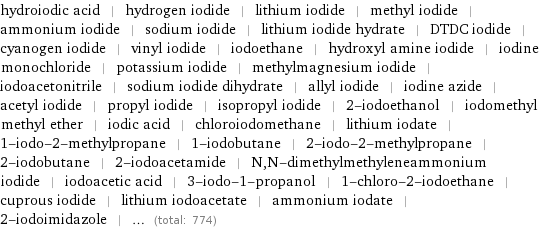 hydroiodic acid | hydrogen iodide | lithium iodide | methyl iodide | ammonium iodide | sodium iodide | lithium iodide hydrate | DTDC iodide | cyanogen iodide | vinyl iodide | iodoethane | hydroxyl amine iodide | iodine monochloride | potassium iodide | methylmagnesium iodide | iodoacetonitrile | sodium iodide dihydrate | allyl iodide | iodine azide | acetyl iodide | propyl iodide | isopropyl iodide | 2-iodoethanol | iodomethyl methyl ether | iodic acid | chloroiodomethane | lithium iodate | 1-iodo-2-methylpropane | 1-iodobutane | 2-iodo-2-methylpropane | 2-iodobutane | 2-iodoacetamide | N, N-dimethylmethyleneammonium iodide | iodoacetic acid | 3-iodo-1-propanol | 1-chloro-2-iodoethane | cuprous iodide | lithium iodoacetate | ammonium iodate | 2-iodoimidazole | ... (total: 774)