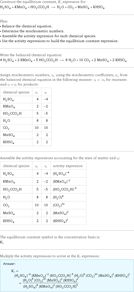 Construct the equilibrium constant, K, expression for: H_2SO_4 + KMnO_4 + HO_2CCO_2H ⟶ H_2O + CO_2 + MnSO_4 + KHSO_4 Plan: • Balance the chemical equation. • Determine the stoichiometric numbers. • Assemble the activity expression for each chemical species. • Use the activity expressions to build the equilibrium constant expression. Write the balanced chemical equation: 4 H_2SO_4 + 2 KMnO_4 + 5 HO_2CCO_2H ⟶ 8 H_2O + 10 CO_2 + 2 MnSO_4 + 2 KHSO_4 Assign stoichiometric numbers, ν_i, using the stoichiometric coefficients, c_i, from the balanced chemical equation in the following manner: ν_i = -c_i for reactants and ν_i = c_i for products: chemical species | c_i | ν_i H_2SO_4 | 4 | -4 KMnO_4 | 2 | -2 HO_2CCO_2H | 5 | -5 H_2O | 8 | 8 CO_2 | 10 | 10 MnSO_4 | 2 | 2 KHSO_4 | 2 | 2 Assemble the activity expressions accounting for the state of matter and ν_i: chemical species | c_i | ν_i | activity expression H_2SO_4 | 4 | -4 | ([H2SO4])^(-4) KMnO_4 | 2 | -2 | ([KMnO4])^(-2) HO_2CCO_2H | 5 | -5 | ([HO2CCO2H])^(-5) H_2O | 8 | 8 | ([H2O])^8 CO_2 | 10 | 10 | ([CO2])^10 MnSO_4 | 2 | 2 | ([MnSO4])^2 KHSO_4 | 2 | 2 | ([KHSO4])^2 The equilibrium constant symbol in the concentration basis is: K_c Mulitply the activity expressions to arrive at the K_c expression: Answer: |   | K_c = ([H2SO4])^(-4) ([KMnO4])^(-2) ([HO2CCO2H])^(-5) ([H2O])^8 ([CO2])^10 ([MnSO4])^2 ([KHSO4])^2 = (([H2O])^8 ([CO2])^10 ([MnSO4])^2 ([KHSO4])^2)/(([H2SO4])^4 ([KMnO4])^2 ([HO2CCO2H])^5)