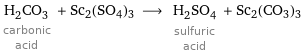 H_2CO_3 carbonic acid + Sc2(SO4)3 ⟶ H_2SO_4 sulfuric acid + Sc2(CO3)3