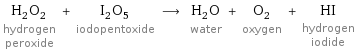 H_2O_2 hydrogen peroxide + I_2O_5 iodopentoxide ⟶ H_2O water + O_2 oxygen + HI hydrogen iodide