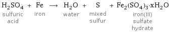 H_2SO_4 sulfuric acid + Fe iron ⟶ H_2O water + S mixed sulfur + Fe_2(SO_4)_3·xH_2O iron(III) sulfate hydrate