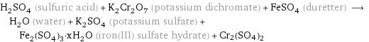 H_2SO_4 (sulfuric acid) + K_2Cr_2O_7 (potassium dichromate) + FeSO_4 (duretter) ⟶ H_2O (water) + K_2SO_4 (potassium sulfate) + Fe_2(SO_4)_3·xH_2O (iron(III) sulfate hydrate) + Cr2(SO4)2