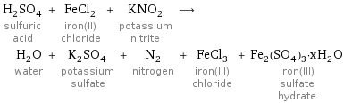 H_2SO_4 sulfuric acid + FeCl_2 iron(II) chloride + KNO_2 potassium nitrite ⟶ H_2O water + K_2SO_4 potassium sulfate + N_2 nitrogen + FeCl_3 iron(III) chloride + Fe_2(SO_4)_3·xH_2O iron(III) sulfate hydrate
