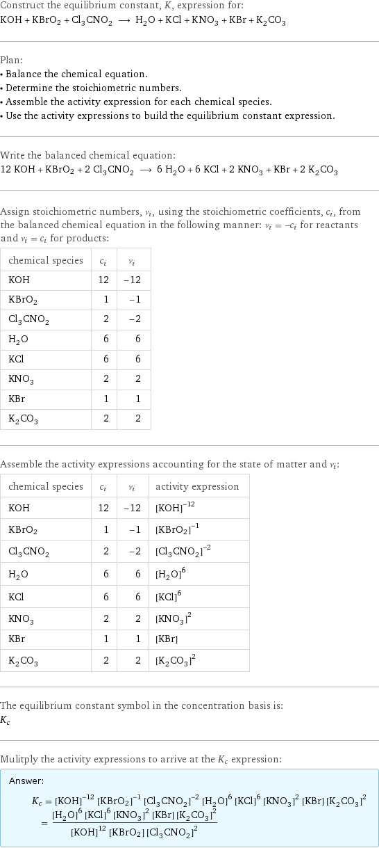 Construct the equilibrium constant, K, expression for: KOH + KBrO2 + Cl_3CNO_2 ⟶ H_2O + KCl + KNO_3 + KBr + K_2CO_3 Plan: • Balance the chemical equation. • Determine the stoichiometric numbers. • Assemble the activity expression for each chemical species. • Use the activity expressions to build the equilibrium constant expression. Write the balanced chemical equation: 12 KOH + KBrO2 + 2 Cl_3CNO_2 ⟶ 6 H_2O + 6 KCl + 2 KNO_3 + KBr + 2 K_2CO_3 Assign stoichiometric numbers, ν_i, using the stoichiometric coefficients, c_i, from the balanced chemical equation in the following manner: ν_i = -c_i for reactants and ν_i = c_i for products: chemical species | c_i | ν_i KOH | 12 | -12 KBrO2 | 1 | -1 Cl_3CNO_2 | 2 | -2 H_2O | 6 | 6 KCl | 6 | 6 KNO_3 | 2 | 2 KBr | 1 | 1 K_2CO_3 | 2 | 2 Assemble the activity expressions accounting for the state of matter and ν_i: chemical species | c_i | ν_i | activity expression KOH | 12 | -12 | ([KOH])^(-12) KBrO2 | 1 | -1 | ([KBrO2])^(-1) Cl_3CNO_2 | 2 | -2 | ([Cl3CNO2])^(-2) H_2O | 6 | 6 | ([H2O])^6 KCl | 6 | 6 | ([KCl])^6 KNO_3 | 2 | 2 | ([KNO3])^2 KBr | 1 | 1 | [KBr] K_2CO_3 | 2 | 2 | ([K2CO3])^2 The equilibrium constant symbol in the concentration basis is: K_c Mulitply the activity expressions to arrive at the K_c expression: Answer: |   | K_c = ([KOH])^(-12) ([KBrO2])^(-1) ([Cl3CNO2])^(-2) ([H2O])^6 ([KCl])^6 ([KNO3])^2 [KBr] ([K2CO3])^2 = (([H2O])^6 ([KCl])^6 ([KNO3])^2 [KBr] ([K2CO3])^2)/(([KOH])^12 [KBrO2] ([Cl3CNO2])^2)