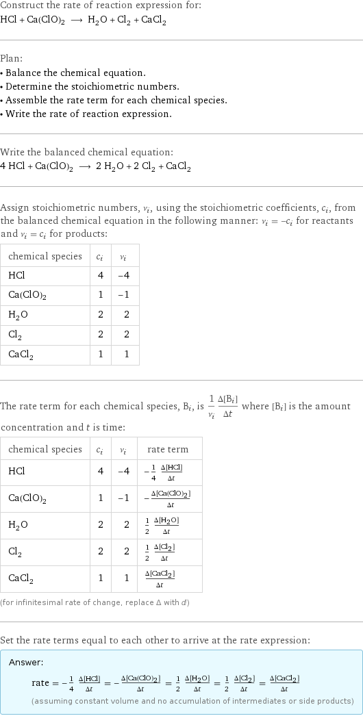 Construct the rate of reaction expression for: HCl + Ca(ClO)2 ⟶ H_2O + Cl_2 + CaCl_2 Plan: • Balance the chemical equation. • Determine the stoichiometric numbers. • Assemble the rate term for each chemical species. • Write the rate of reaction expression. Write the balanced chemical equation: 4 HCl + Ca(ClO)2 ⟶ 2 H_2O + 2 Cl_2 + CaCl_2 Assign stoichiometric numbers, ν_i, using the stoichiometric coefficients, c_i, from the balanced chemical equation in the following manner: ν_i = -c_i for reactants and ν_i = c_i for products: chemical species | c_i | ν_i HCl | 4 | -4 Ca(ClO)2 | 1 | -1 H_2O | 2 | 2 Cl_2 | 2 | 2 CaCl_2 | 1 | 1 The rate term for each chemical species, B_i, is 1/ν_i(Δ[B_i])/(Δt) where [B_i] is the amount concentration and t is time: chemical species | c_i | ν_i | rate term HCl | 4 | -4 | -1/4 (Δ[HCl])/(Δt) Ca(ClO)2 | 1 | -1 | -(Δ[Ca(ClO)2])/(Δt) H_2O | 2 | 2 | 1/2 (Δ[H2O])/(Δt) Cl_2 | 2 | 2 | 1/2 (Δ[Cl2])/(Δt) CaCl_2 | 1 | 1 | (Δ[CaCl2])/(Δt) (for infinitesimal rate of change, replace Δ with d) Set the rate terms equal to each other to arrive at the rate expression: Answer: |   | rate = -1/4 (Δ[HCl])/(Δt) = -(Δ[Ca(ClO)2])/(Δt) = 1/2 (Δ[H2O])/(Δt) = 1/2 (Δ[Cl2])/(Δt) = (Δ[CaCl2])/(Δt) (assuming constant volume and no accumulation of intermediates or side products)