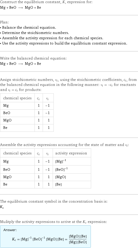 Construct the equilibrium constant, K, expression for: Mg + BeO ⟶ MgO + Be Plan: • Balance the chemical equation. • Determine the stoichiometric numbers. • Assemble the activity expression for each chemical species. • Use the activity expressions to build the equilibrium constant expression. Write the balanced chemical equation: Mg + BeO ⟶ MgO + Be Assign stoichiometric numbers, ν_i, using the stoichiometric coefficients, c_i, from the balanced chemical equation in the following manner: ν_i = -c_i for reactants and ν_i = c_i for products: chemical species | c_i | ν_i Mg | 1 | -1 BeO | 1 | -1 MgO | 1 | 1 Be | 1 | 1 Assemble the activity expressions accounting for the state of matter and ν_i: chemical species | c_i | ν_i | activity expression Mg | 1 | -1 | ([Mg])^(-1) BeO | 1 | -1 | ([BeO])^(-1) MgO | 1 | 1 | [MgO] Be | 1 | 1 | [Be] The equilibrium constant symbol in the concentration basis is: K_c Mulitply the activity expressions to arrive at the K_c expression: Answer: |   | K_c = ([Mg])^(-1) ([BeO])^(-1) [MgO] [Be] = ([MgO] [Be])/([Mg] [BeO])