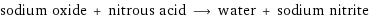 sodium oxide + nitrous acid ⟶ water + sodium nitrite