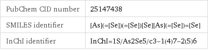 PubChem CID number | 25147438 SMILES identifier | [As](=[Se])(=[Se])[Se][As](=[Se])=[Se] InChI identifier | InChI=1S/As2Se5/c3-1(4)7-2(5)6