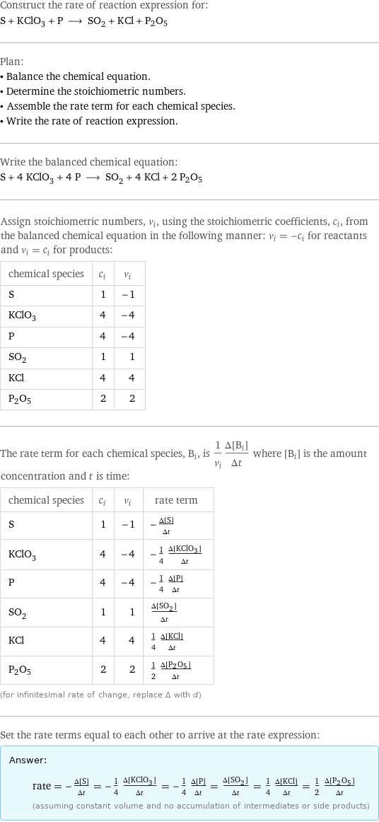 Construct the rate of reaction expression for: S + KClO_3 + P ⟶ SO_2 + KCl + P2O5 Plan: • Balance the chemical equation. • Determine the stoichiometric numbers. • Assemble the rate term for each chemical species. • Write the rate of reaction expression. Write the balanced chemical equation: S + 4 KClO_3 + 4 P ⟶ SO_2 + 4 KCl + 2 P2O5 Assign stoichiometric numbers, ν_i, using the stoichiometric coefficients, c_i, from the balanced chemical equation in the following manner: ν_i = -c_i for reactants and ν_i = c_i for products: chemical species | c_i | ν_i S | 1 | -1 KClO_3 | 4 | -4 P | 4 | -4 SO_2 | 1 | 1 KCl | 4 | 4 P2O5 | 2 | 2 The rate term for each chemical species, B_i, is 1/ν_i(Δ[B_i])/(Δt) where [B_i] is the amount concentration and t is time: chemical species | c_i | ν_i | rate term S | 1 | -1 | -(Δ[S])/(Δt) KClO_3 | 4 | -4 | -1/4 (Δ[KClO3])/(Δt) P | 4 | -4 | -1/4 (Δ[P])/(Δt) SO_2 | 1 | 1 | (Δ[SO2])/(Δt) KCl | 4 | 4 | 1/4 (Δ[KCl])/(Δt) P2O5 | 2 | 2 | 1/2 (Δ[P2O5])/(Δt) (for infinitesimal rate of change, replace Δ with d) Set the rate terms equal to each other to arrive at the rate expression: Answer: |   | rate = -(Δ[S])/(Δt) = -1/4 (Δ[KClO3])/(Δt) = -1/4 (Δ[P])/(Δt) = (Δ[SO2])/(Δt) = 1/4 (Δ[KCl])/(Δt) = 1/2 (Δ[P2O5])/(Δt) (assuming constant volume and no accumulation of intermediates or side products)