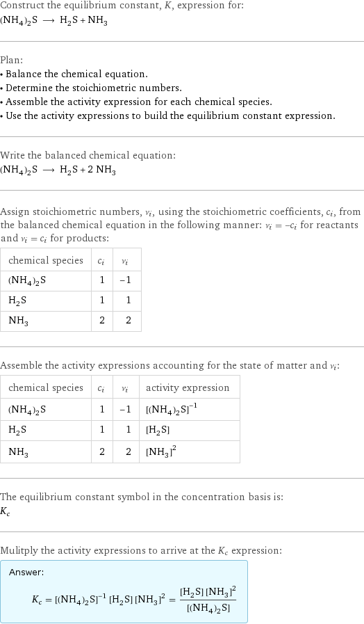 Construct the equilibrium constant, K, expression for: (NH_4)_2S ⟶ H_2S + NH_3 Plan: • Balance the chemical equation. • Determine the stoichiometric numbers. • Assemble the activity expression for each chemical species. • Use the activity expressions to build the equilibrium constant expression. Write the balanced chemical equation: (NH_4)_2S ⟶ H_2S + 2 NH_3 Assign stoichiometric numbers, ν_i, using the stoichiometric coefficients, c_i, from the balanced chemical equation in the following manner: ν_i = -c_i for reactants and ν_i = c_i for products: chemical species | c_i | ν_i (NH_4)_2S | 1 | -1 H_2S | 1 | 1 NH_3 | 2 | 2 Assemble the activity expressions accounting for the state of matter and ν_i: chemical species | c_i | ν_i | activity expression (NH_4)_2S | 1 | -1 | ([(NH4)2S])^(-1) H_2S | 1 | 1 | [H2S] NH_3 | 2 | 2 | ([NH3])^2 The equilibrium constant symbol in the concentration basis is: K_c Mulitply the activity expressions to arrive at the K_c expression: Answer: |   | K_c = ([(NH4)2S])^(-1) [H2S] ([NH3])^2 = ([H2S] ([NH3])^2)/([(NH4)2S])