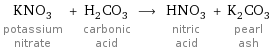 KNO_3 potassium nitrate + H_2CO_3 carbonic acid ⟶ HNO_3 nitric acid + K_2CO_3 pearl ash