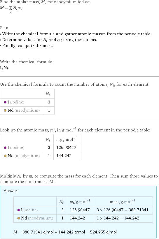 Find the molar mass, M, for neodymium iodide: M = sum _iN_im_i Plan: • Write the chemical formula and gather atomic masses from the periodic table. • Determine values for N_i and m_i using these items. • Finally, compute the mass. Write the chemical formula: I_3Nd Use the chemical formula to count the number of atoms, N_i, for each element:  | N_i  I (iodine) | 3  Nd (neodymium) | 1 Look up the atomic mass, m_i, in g·mol^(-1) for each element in the periodic table:  | N_i | m_i/g·mol^(-1)  I (iodine) | 3 | 126.90447  Nd (neodymium) | 1 | 144.242 Multiply N_i by m_i to compute the mass for each element. Then sum those values to compute the molar mass, M: Answer: |   | | N_i | m_i/g·mol^(-1) | mass/g·mol^(-1)  I (iodine) | 3 | 126.90447 | 3 × 126.90447 = 380.71341  Nd (neodymium) | 1 | 144.242 | 1 × 144.242 = 144.242  M = 380.71341 g/mol + 144.242 g/mol = 524.955 g/mol