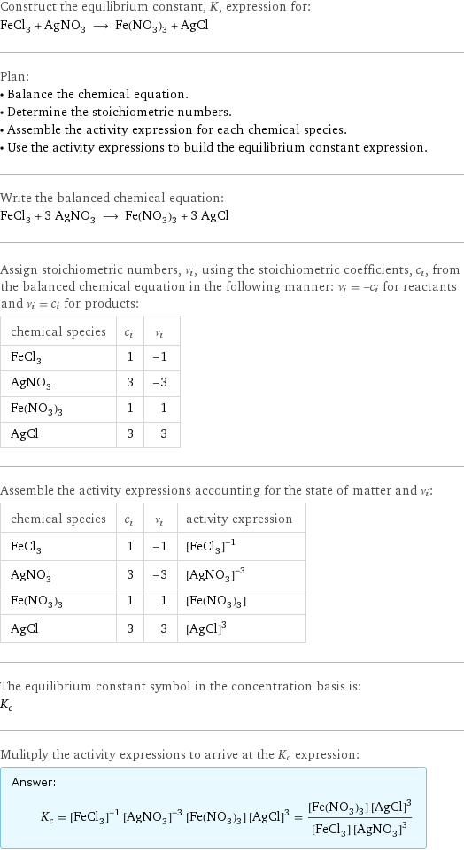 Construct the equilibrium constant, K, expression for: FeCl_3 + AgNO_3 ⟶ Fe(NO_3)_3 + AgCl Plan: • Balance the chemical equation. • Determine the stoichiometric numbers. • Assemble the activity expression for each chemical species. • Use the activity expressions to build the equilibrium constant expression. Write the balanced chemical equation: FeCl_3 + 3 AgNO_3 ⟶ Fe(NO_3)_3 + 3 AgCl Assign stoichiometric numbers, ν_i, using the stoichiometric coefficients, c_i, from the balanced chemical equation in the following manner: ν_i = -c_i for reactants and ν_i = c_i for products: chemical species | c_i | ν_i FeCl_3 | 1 | -1 AgNO_3 | 3 | -3 Fe(NO_3)_3 | 1 | 1 AgCl | 3 | 3 Assemble the activity expressions accounting for the state of matter and ν_i: chemical species | c_i | ν_i | activity expression FeCl_3 | 1 | -1 | ([FeCl3])^(-1) AgNO_3 | 3 | -3 | ([AgNO3])^(-3) Fe(NO_3)_3 | 1 | 1 | [Fe(NO3)3] AgCl | 3 | 3 | ([AgCl])^3 The equilibrium constant symbol in the concentration basis is: K_c Mulitply the activity expressions to arrive at the K_c expression: Answer: |   | K_c = ([FeCl3])^(-1) ([AgNO3])^(-3) [Fe(NO3)3] ([AgCl])^3 = ([Fe(NO3)3] ([AgCl])^3)/([FeCl3] ([AgNO3])^3)