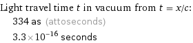 Light travel time t in vacuum from t = x/c:  | 334 as (attoseconds)  | 3.3×10^-16 seconds