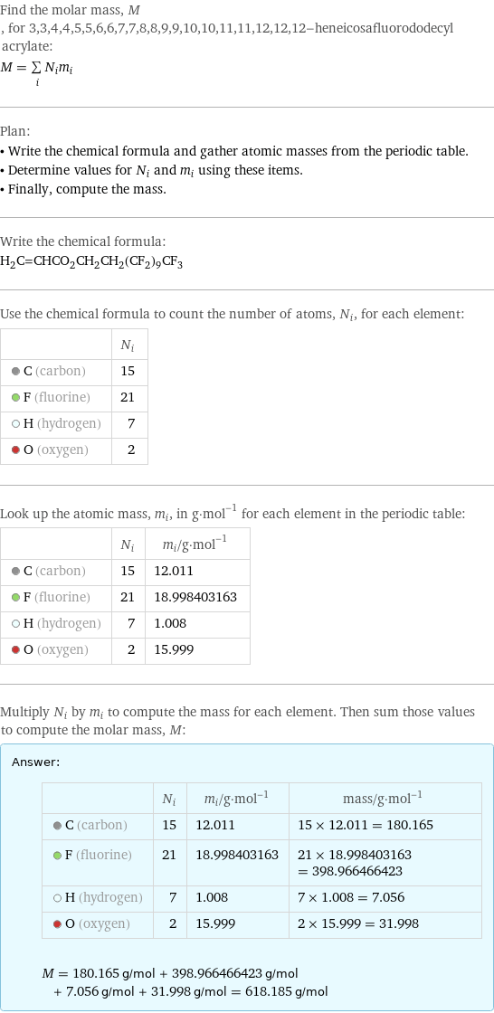 Find the molar mass, M, for 3, 3, 4, 4, 5, 5, 6, 6, 7, 7, 8, 8, 9, 9, 10, 10, 11, 11, 12, 12, 12-heneicosafluorododecyl acrylate: M = sum _iN_im_i Plan: • Write the chemical formula and gather atomic masses from the periodic table. • Determine values for N_i and m_i using these items. • Finally, compute the mass. Write the chemical formula: H_2C=CHCO_2CH_2CH_2(CF_2)_9CF_3 Use the chemical formula to count the number of atoms, N_i, for each element:  | N_i  C (carbon) | 15  F (fluorine) | 21  H (hydrogen) | 7  O (oxygen) | 2 Look up the atomic mass, m_i, in g·mol^(-1) for each element in the periodic table:  | N_i | m_i/g·mol^(-1)  C (carbon) | 15 | 12.011  F (fluorine) | 21 | 18.998403163  H (hydrogen) | 7 | 1.008  O (oxygen) | 2 | 15.999 Multiply N_i by m_i to compute the mass for each element. Then sum those values to compute the molar mass, M: Answer: |   | | N_i | m_i/g·mol^(-1) | mass/g·mol^(-1)  C (carbon) | 15 | 12.011 | 15 × 12.011 = 180.165  F (fluorine) | 21 | 18.998403163 | 21 × 18.998403163 = 398.966466423  H (hydrogen) | 7 | 1.008 | 7 × 1.008 = 7.056  O (oxygen) | 2 | 15.999 | 2 × 15.999 = 31.998  M = 180.165 g/mol + 398.966466423 g/mol + 7.056 g/mol + 31.998 g/mol = 618.185 g/mol