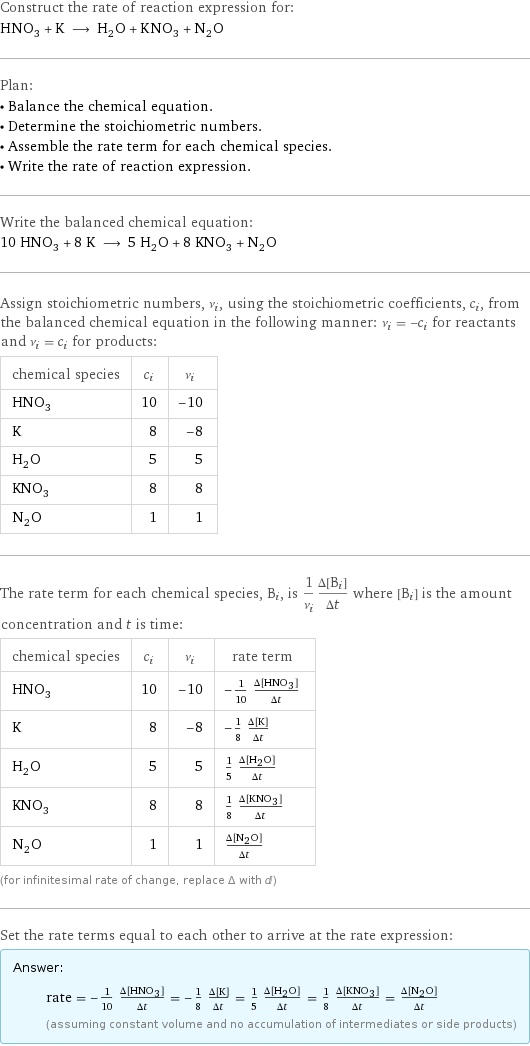 Construct the rate of reaction expression for: HNO_3 + K ⟶ H_2O + KNO_3 + N_2O Plan: • Balance the chemical equation. • Determine the stoichiometric numbers. • Assemble the rate term for each chemical species. • Write the rate of reaction expression. Write the balanced chemical equation: 10 HNO_3 + 8 K ⟶ 5 H_2O + 8 KNO_3 + N_2O Assign stoichiometric numbers, ν_i, using the stoichiometric coefficients, c_i, from the balanced chemical equation in the following manner: ν_i = -c_i for reactants and ν_i = c_i for products: chemical species | c_i | ν_i HNO_3 | 10 | -10 K | 8 | -8 H_2O | 5 | 5 KNO_3 | 8 | 8 N_2O | 1 | 1 The rate term for each chemical species, B_i, is 1/ν_i(Δ[B_i])/(Δt) where [B_i] is the amount concentration and t is time: chemical species | c_i | ν_i | rate term HNO_3 | 10 | -10 | -1/10 (Δ[HNO3])/(Δt) K | 8 | -8 | -1/8 (Δ[K])/(Δt) H_2O | 5 | 5 | 1/5 (Δ[H2O])/(Δt) KNO_3 | 8 | 8 | 1/8 (Δ[KNO3])/(Δt) N_2O | 1 | 1 | (Δ[N2O])/(Δt) (for infinitesimal rate of change, replace Δ with d) Set the rate terms equal to each other to arrive at the rate expression: Answer: |   | rate = -1/10 (Δ[HNO3])/(Δt) = -1/8 (Δ[K])/(Δt) = 1/5 (Δ[H2O])/(Δt) = 1/8 (Δ[KNO3])/(Δt) = (Δ[N2O])/(Δt) (assuming constant volume and no accumulation of intermediates or side products)