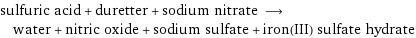 sulfuric acid + duretter + sodium nitrate ⟶ water + nitric oxide + sodium sulfate + iron(III) sulfate hydrate