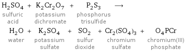 H_2SO_4 sulfuric acid + K_2Cr_2O_7 potassium dichromate + P_2S_3 phosphorus trisulfide ⟶ H_2O water + K_2SO_4 potassium sulfate + SO_2 sulfur dioxide + Cr_2(SO_4)_3 chromium sulfate + O_4PCr chromium(III) phosphate