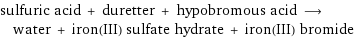 sulfuric acid + duretter + hypobromous acid ⟶ water + iron(III) sulfate hydrate + iron(III) bromide