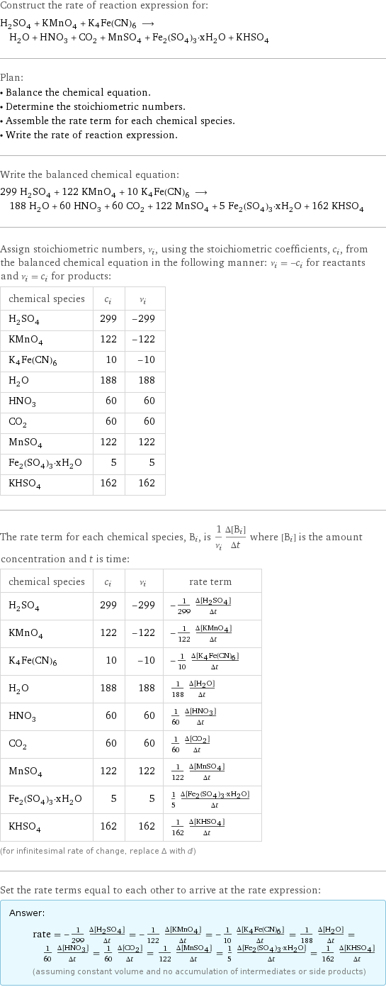 Construct the rate of reaction expression for: H_2SO_4 + KMnO_4 + K4Fe(CN)6 ⟶ H_2O + HNO_3 + CO_2 + MnSO_4 + Fe_2(SO_4)_3·xH_2O + KHSO_4 Plan: • Balance the chemical equation. • Determine the stoichiometric numbers. • Assemble the rate term for each chemical species. • Write the rate of reaction expression. Write the balanced chemical equation: 299 H_2SO_4 + 122 KMnO_4 + 10 K4Fe(CN)6 ⟶ 188 H_2O + 60 HNO_3 + 60 CO_2 + 122 MnSO_4 + 5 Fe_2(SO_4)_3·xH_2O + 162 KHSO_4 Assign stoichiometric numbers, ν_i, using the stoichiometric coefficients, c_i, from the balanced chemical equation in the following manner: ν_i = -c_i for reactants and ν_i = c_i for products: chemical species | c_i | ν_i H_2SO_4 | 299 | -299 KMnO_4 | 122 | -122 K4Fe(CN)6 | 10 | -10 H_2O | 188 | 188 HNO_3 | 60 | 60 CO_2 | 60 | 60 MnSO_4 | 122 | 122 Fe_2(SO_4)_3·xH_2O | 5 | 5 KHSO_4 | 162 | 162 The rate term for each chemical species, B_i, is 1/ν_i(Δ[B_i])/(Δt) where [B_i] is the amount concentration and t is time: chemical species | c_i | ν_i | rate term H_2SO_4 | 299 | -299 | -1/299 (Δ[H2SO4])/(Δt) KMnO_4 | 122 | -122 | -1/122 (Δ[KMnO4])/(Δt) K4Fe(CN)6 | 10 | -10 | -1/10 (Δ[K4Fe(CN)6])/(Δt) H_2O | 188 | 188 | 1/188 (Δ[H2O])/(Δt) HNO_3 | 60 | 60 | 1/60 (Δ[HNO3])/(Δt) CO_2 | 60 | 60 | 1/60 (Δ[CO2])/(Δt) MnSO_4 | 122 | 122 | 1/122 (Δ[MnSO4])/(Δt) Fe_2(SO_4)_3·xH_2O | 5 | 5 | 1/5 (Δ[Fe2(SO4)3·xH2O])/(Δt) KHSO_4 | 162 | 162 | 1/162 (Δ[KHSO4])/(Δt) (for infinitesimal rate of change, replace Δ with d) Set the rate terms equal to each other to arrive at the rate expression: Answer: |   | rate = -1/299 (Δ[H2SO4])/(Δt) = -1/122 (Δ[KMnO4])/(Δt) = -1/10 (Δ[K4Fe(CN)6])/(Δt) = 1/188 (Δ[H2O])/(Δt) = 1/60 (Δ[HNO3])/(Δt) = 1/60 (Δ[CO2])/(Δt) = 1/122 (Δ[MnSO4])/(Δt) = 1/5 (Δ[Fe2(SO4)3·xH2O])/(Δt) = 1/162 (Δ[KHSO4])/(Δt) (assuming constant volume and no accumulation of intermediates or side products)
