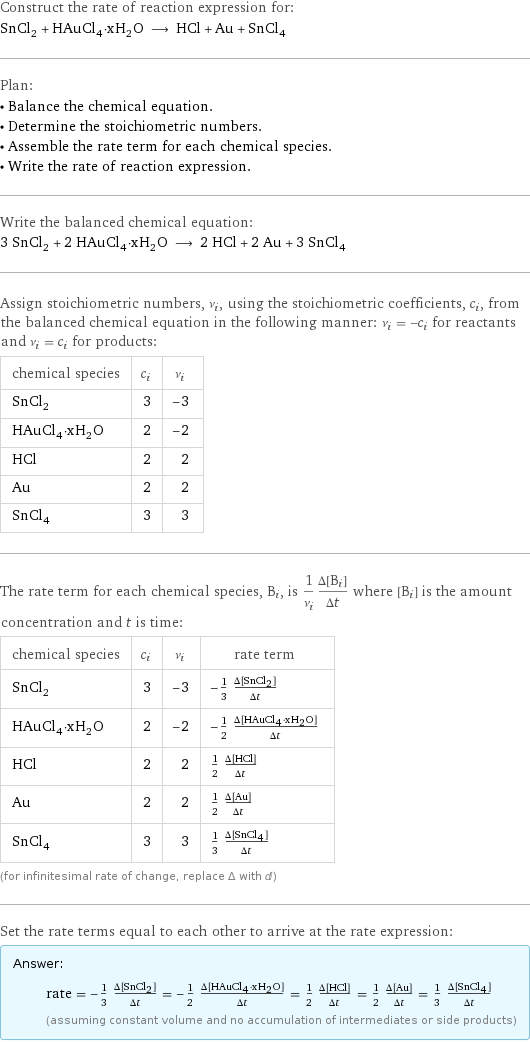 Construct the rate of reaction expression for: SnCl_2 + HAuCl_4·xH_2O ⟶ HCl + Au + SnCl_4 Plan: • Balance the chemical equation. • Determine the stoichiometric numbers. • Assemble the rate term for each chemical species. • Write the rate of reaction expression. Write the balanced chemical equation: 3 SnCl_2 + 2 HAuCl_4·xH_2O ⟶ 2 HCl + 2 Au + 3 SnCl_4 Assign stoichiometric numbers, ν_i, using the stoichiometric coefficients, c_i, from the balanced chemical equation in the following manner: ν_i = -c_i for reactants and ν_i = c_i for products: chemical species | c_i | ν_i SnCl_2 | 3 | -3 HAuCl_4·xH_2O | 2 | -2 HCl | 2 | 2 Au | 2 | 2 SnCl_4 | 3 | 3 The rate term for each chemical species, B_i, is 1/ν_i(Δ[B_i])/(Δt) where [B_i] is the amount concentration and t is time: chemical species | c_i | ν_i | rate term SnCl_2 | 3 | -3 | -1/3 (Δ[SnCl2])/(Δt) HAuCl_4·xH_2O | 2 | -2 | -1/2 (Δ[HAuCl4·xH2O])/(Δt) HCl | 2 | 2 | 1/2 (Δ[HCl])/(Δt) Au | 2 | 2 | 1/2 (Δ[Au])/(Δt) SnCl_4 | 3 | 3 | 1/3 (Δ[SnCl4])/(Δt) (for infinitesimal rate of change, replace Δ with d) Set the rate terms equal to each other to arrive at the rate expression: Answer: |   | rate = -1/3 (Δ[SnCl2])/(Δt) = -1/2 (Δ[HAuCl4·xH2O])/(Δt) = 1/2 (Δ[HCl])/(Δt) = 1/2 (Δ[Au])/(Δt) = 1/3 (Δ[SnCl4])/(Δt) (assuming constant volume and no accumulation of intermediates or side products)
