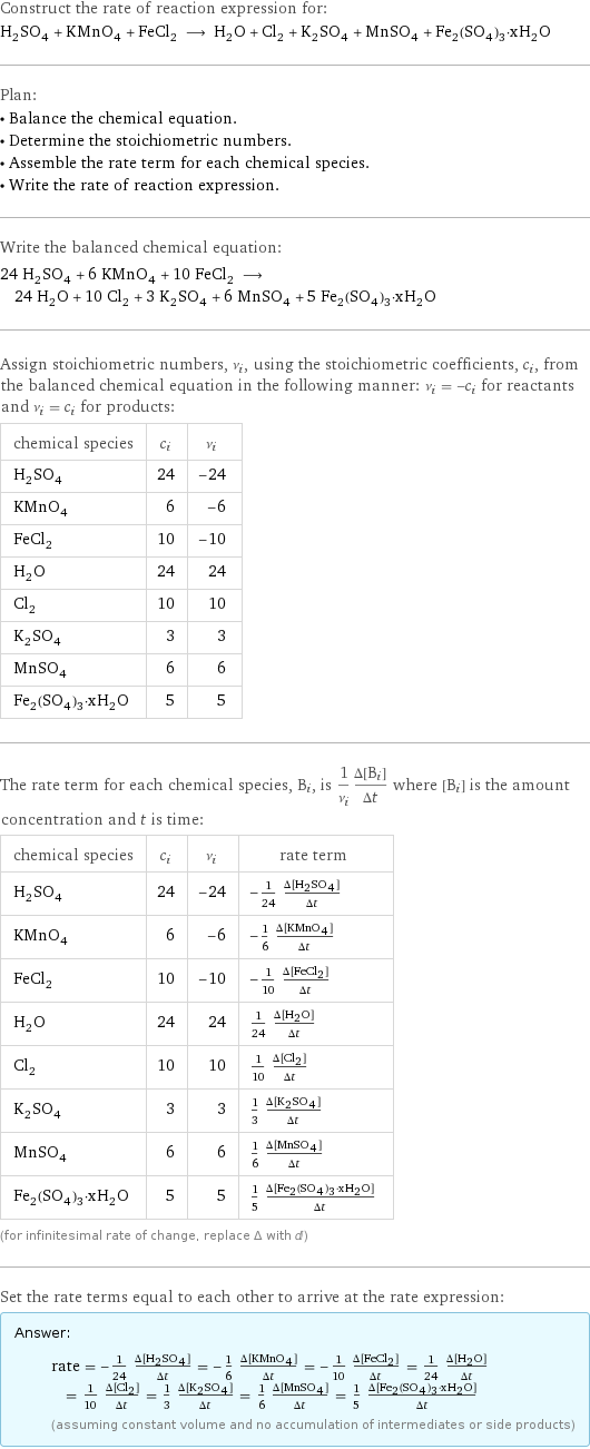 Construct the rate of reaction expression for: H_2SO_4 + KMnO_4 + FeCl_2 ⟶ H_2O + Cl_2 + K_2SO_4 + MnSO_4 + Fe_2(SO_4)_3·xH_2O Plan: • Balance the chemical equation. • Determine the stoichiometric numbers. • Assemble the rate term for each chemical species. • Write the rate of reaction expression. Write the balanced chemical equation: 24 H_2SO_4 + 6 KMnO_4 + 10 FeCl_2 ⟶ 24 H_2O + 10 Cl_2 + 3 K_2SO_4 + 6 MnSO_4 + 5 Fe_2(SO_4)_3·xH_2O Assign stoichiometric numbers, ν_i, using the stoichiometric coefficients, c_i, from the balanced chemical equation in the following manner: ν_i = -c_i for reactants and ν_i = c_i for products: chemical species | c_i | ν_i H_2SO_4 | 24 | -24 KMnO_4 | 6 | -6 FeCl_2 | 10 | -10 H_2O | 24 | 24 Cl_2 | 10 | 10 K_2SO_4 | 3 | 3 MnSO_4 | 6 | 6 Fe_2(SO_4)_3·xH_2O | 5 | 5 The rate term for each chemical species, B_i, is 1/ν_i(Δ[B_i])/(Δt) where [B_i] is the amount concentration and t is time: chemical species | c_i | ν_i | rate term H_2SO_4 | 24 | -24 | -1/24 (Δ[H2SO4])/(Δt) KMnO_4 | 6 | -6 | -1/6 (Δ[KMnO4])/(Δt) FeCl_2 | 10 | -10 | -1/10 (Δ[FeCl2])/(Δt) H_2O | 24 | 24 | 1/24 (Δ[H2O])/(Δt) Cl_2 | 10 | 10 | 1/10 (Δ[Cl2])/(Δt) K_2SO_4 | 3 | 3 | 1/3 (Δ[K2SO4])/(Δt) MnSO_4 | 6 | 6 | 1/6 (Δ[MnSO4])/(Δt) Fe_2(SO_4)_3·xH_2O | 5 | 5 | 1/5 (Δ[Fe2(SO4)3·xH2O])/(Δt) (for infinitesimal rate of change, replace Δ with d) Set the rate terms equal to each other to arrive at the rate expression: Answer: |   | rate = -1/24 (Δ[H2SO4])/(Δt) = -1/6 (Δ[KMnO4])/(Δt) = -1/10 (Δ[FeCl2])/(Δt) = 1/24 (Δ[H2O])/(Δt) = 1/10 (Δ[Cl2])/(Δt) = 1/3 (Δ[K2SO4])/(Δt) = 1/6 (Δ[MnSO4])/(Δt) = 1/5 (Δ[Fe2(SO4)3·xH2O])/(Δt) (assuming constant volume and no accumulation of intermediates or side products)