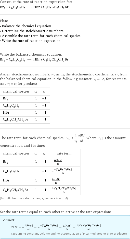 Construct the rate of reaction expression for: Br_2 + C_6H_5C_2H_5 ⟶ HBr + C_6H_5CH_2CH_2Br Plan: • Balance the chemical equation. • Determine the stoichiometric numbers. • Assemble the rate term for each chemical species. • Write the rate of reaction expression. Write the balanced chemical equation: Br_2 + C_6H_5C_2H_5 ⟶ HBr + C_6H_5CH_2CH_2Br Assign stoichiometric numbers, ν_i, using the stoichiometric coefficients, c_i, from the balanced chemical equation in the following manner: ν_i = -c_i for reactants and ν_i = c_i for products: chemical species | c_i | ν_i Br_2 | 1 | -1 C_6H_5C_2H_5 | 1 | -1 HBr | 1 | 1 C_6H_5CH_2CH_2Br | 1 | 1 The rate term for each chemical species, B_i, is 1/ν_i(Δ[B_i])/(Δt) where [B_i] is the amount concentration and t is time: chemical species | c_i | ν_i | rate term Br_2 | 1 | -1 | -(Δ[Br2])/(Δt) C_6H_5C_2H_5 | 1 | -1 | -(Δ[C6H5C2H5])/(Δt) HBr | 1 | 1 | (Δ[HBr])/(Δt) C_6H_5CH_2CH_2Br | 1 | 1 | (Δ[C6H5CH2CH2Br])/(Δt) (for infinitesimal rate of change, replace Δ with d) Set the rate terms equal to each other to arrive at the rate expression: Answer: |   | rate = -(Δ[Br2])/(Δt) = -(Δ[C6H5C2H5])/(Δt) = (Δ[HBr])/(Δt) = (Δ[C6H5CH2CH2Br])/(Δt) (assuming constant volume and no accumulation of intermediates or side products)