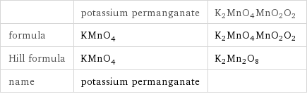  | potassium permanganate | K2MnO4MnO2O2 formula | KMnO_4 | K2MnO4MnO2O2 Hill formula | KMnO_4 | K2Mn2O8 name | potassium permanganate | 