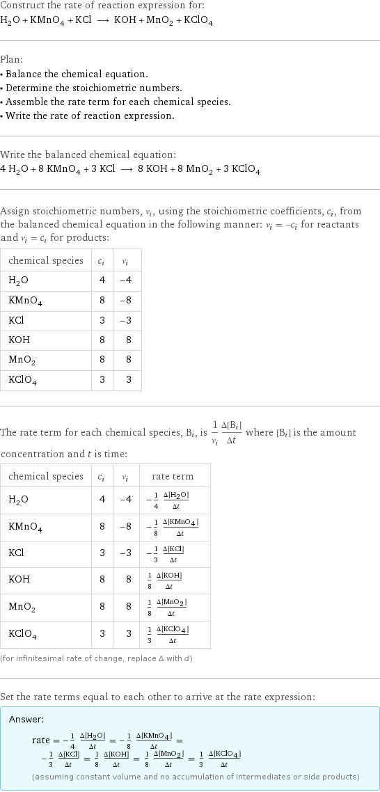 Construct the rate of reaction expression for: H_2O + KMnO_4 + KCl ⟶ KOH + MnO_2 + KClO_4 Plan: • Balance the chemical equation. • Determine the stoichiometric numbers. • Assemble the rate term for each chemical species. • Write the rate of reaction expression. Write the balanced chemical equation: 4 H_2O + 8 KMnO_4 + 3 KCl ⟶ 8 KOH + 8 MnO_2 + 3 KClO_4 Assign stoichiometric numbers, ν_i, using the stoichiometric coefficients, c_i, from the balanced chemical equation in the following manner: ν_i = -c_i for reactants and ν_i = c_i for products: chemical species | c_i | ν_i H_2O | 4 | -4 KMnO_4 | 8 | -8 KCl | 3 | -3 KOH | 8 | 8 MnO_2 | 8 | 8 KClO_4 | 3 | 3 The rate term for each chemical species, B_i, is 1/ν_i(Δ[B_i])/(Δt) where [B_i] is the amount concentration and t is time: chemical species | c_i | ν_i | rate term H_2O | 4 | -4 | -1/4 (Δ[H2O])/(Δt) KMnO_4 | 8 | -8 | -1/8 (Δ[KMnO4])/(Δt) KCl | 3 | -3 | -1/3 (Δ[KCl])/(Δt) KOH | 8 | 8 | 1/8 (Δ[KOH])/(Δt) MnO_2 | 8 | 8 | 1/8 (Δ[MnO2])/(Δt) KClO_4 | 3 | 3 | 1/3 (Δ[KClO4])/(Δt) (for infinitesimal rate of change, replace Δ with d) Set the rate terms equal to each other to arrive at the rate expression: Answer: |   | rate = -1/4 (Δ[H2O])/(Δt) = -1/8 (Δ[KMnO4])/(Δt) = -1/3 (Δ[KCl])/(Δt) = 1/8 (Δ[KOH])/(Δt) = 1/8 (Δ[MnO2])/(Δt) = 1/3 (Δ[KClO4])/(Δt) (assuming constant volume and no accumulation of intermediates or side products)