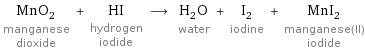 MnO_2 manganese dioxide + HI hydrogen iodide ⟶ H_2O water + I_2 iodine + MnI_2 manganese(II) iodide