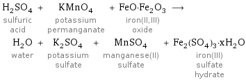 H_2SO_4 sulfuric acid + KMnO_4 potassium permanganate + FeO·Fe_2O_3 iron(II, III) oxide ⟶ H_2O water + K_2SO_4 potassium sulfate + MnSO_4 manganese(II) sulfate + Fe_2(SO_4)_3·xH_2O iron(III) sulfate hydrate