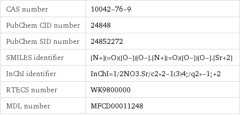 CAS number | 10042-76-9 PubChem CID number | 24848 PubChem SID number | 24852272 SMILES identifier | [N+](=O)([O-])[O-].[N+](=O)([O-])[O-].[Sr+2] InChI identifier | InChI=1/2NO3.Sr/c2*2-1(3)4;/q2*-1;+2 RTECS number | WK9800000 MDL number | MFCD00011248