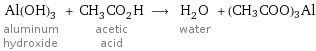 Al(OH)_3 aluminum hydroxide + CH_3CO_2H acetic acid ⟶ H_2O water + (CH3COO)3Al