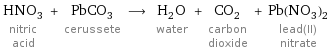 HNO_3 nitric acid + PbCO_3 cerussete ⟶ H_2O water + CO_2 carbon dioxide + Pb(NO_3)_2 lead(II) nitrate