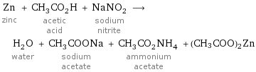 Zn zinc + CH_3CO_2H acetic acid + NaNO_2 sodium nitrite ⟶ H_2O water + CH_3COONa sodium acetate + CH_3CO_2NH_4 ammonium acetate + (CH3COO)2Zn