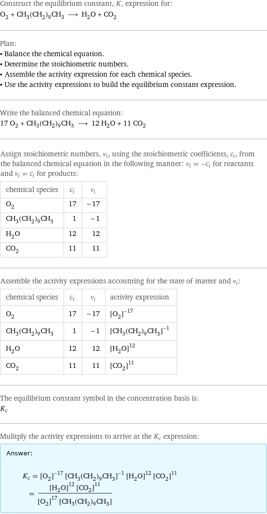 Construct the equilibrium constant, K, expression for: O_2 + CH_3(CH_2)_9CH_3 ⟶ H_2O + CO_2 Plan: • Balance the chemical equation. • Determine the stoichiometric numbers. • Assemble the activity expression for each chemical species. • Use the activity expressions to build the equilibrium constant expression. Write the balanced chemical equation: 17 O_2 + CH_3(CH_2)_9CH_3 ⟶ 12 H_2O + 11 CO_2 Assign stoichiometric numbers, ν_i, using the stoichiometric coefficients, c_i, from the balanced chemical equation in the following manner: ν_i = -c_i for reactants and ν_i = c_i for products: chemical species | c_i | ν_i O_2 | 17 | -17 CH_3(CH_2)_9CH_3 | 1 | -1 H_2O | 12 | 12 CO_2 | 11 | 11 Assemble the activity expressions accounting for the state of matter and ν_i: chemical species | c_i | ν_i | activity expression O_2 | 17 | -17 | ([O2])^(-17) CH_3(CH_2)_9CH_3 | 1 | -1 | ([CH3(CH2)9CH3])^(-1) H_2O | 12 | 12 | ([H2O])^12 CO_2 | 11 | 11 | ([CO2])^11 The equilibrium constant symbol in the concentration basis is: K_c Mulitply the activity expressions to arrive at the K_c expression: Answer: |   | K_c = ([O2])^(-17) ([CH3(CH2)9CH3])^(-1) ([H2O])^12 ([CO2])^11 = (([H2O])^12 ([CO2])^11)/(([O2])^17 [CH3(CH2)9CH3])