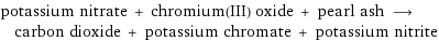 potassium nitrate + chromium(III) oxide + pearl ash ⟶ carbon dioxide + potassium chromate + potassium nitrite