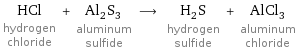 HCl hydrogen chloride + Al_2S_3 aluminum sulfide ⟶ H_2S hydrogen sulfide + AlCl_3 aluminum chloride