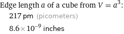 Edge length a of a cube from V = a^3:  | 217 pm (picometers)  | 8.6×10^-9 inches