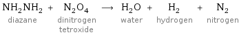 NH_2NH_2 diazane + N_2O_4 dinitrogen tetroxide ⟶ H_2O water + H_2 hydrogen + N_2 nitrogen