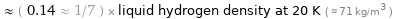  ≈ ( 0.14 ≈ 1/7 ) × liquid hydrogen density at 20 K ( ≈ 71 kg/m^3 )