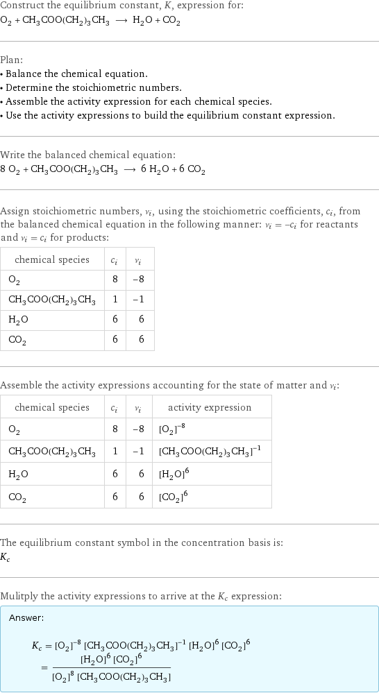 Construct the equilibrium constant, K, expression for: O_2 + CH_3COO(CH_2)_3CH_3 ⟶ H_2O + CO_2 Plan: • Balance the chemical equation. • Determine the stoichiometric numbers. • Assemble the activity expression for each chemical species. • Use the activity expressions to build the equilibrium constant expression. Write the balanced chemical equation: 8 O_2 + CH_3COO(CH_2)_3CH_3 ⟶ 6 H_2O + 6 CO_2 Assign stoichiometric numbers, ν_i, using the stoichiometric coefficients, c_i, from the balanced chemical equation in the following manner: ν_i = -c_i for reactants and ν_i = c_i for products: chemical species | c_i | ν_i O_2 | 8 | -8 CH_3COO(CH_2)_3CH_3 | 1 | -1 H_2O | 6 | 6 CO_2 | 6 | 6 Assemble the activity expressions accounting for the state of matter and ν_i: chemical species | c_i | ν_i | activity expression O_2 | 8 | -8 | ([O2])^(-8) CH_3COO(CH_2)_3CH_3 | 1 | -1 | ([CH3COO(CH2)3CH3])^(-1) H_2O | 6 | 6 | ([H2O])^6 CO_2 | 6 | 6 | ([CO2])^6 The equilibrium constant symbol in the concentration basis is: K_c Mulitply the activity expressions to arrive at the K_c expression: Answer: |   | K_c = ([O2])^(-8) ([CH3COO(CH2)3CH3])^(-1) ([H2O])^6 ([CO2])^6 = (([H2O])^6 ([CO2])^6)/(([O2])^8 [CH3COO(CH2)3CH3])