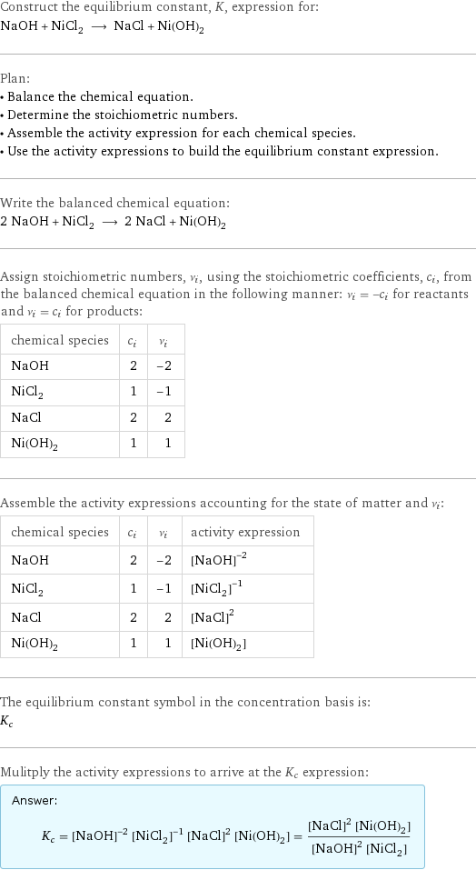 Construct the equilibrium constant, K, expression for: NaOH + NiCl_2 ⟶ NaCl + Ni(OH)_2 Plan: • Balance the chemical equation. • Determine the stoichiometric numbers. • Assemble the activity expression for each chemical species. • Use the activity expressions to build the equilibrium constant expression. Write the balanced chemical equation: 2 NaOH + NiCl_2 ⟶ 2 NaCl + Ni(OH)_2 Assign stoichiometric numbers, ν_i, using the stoichiometric coefficients, c_i, from the balanced chemical equation in the following manner: ν_i = -c_i for reactants and ν_i = c_i for products: chemical species | c_i | ν_i NaOH | 2 | -2 NiCl_2 | 1 | -1 NaCl | 2 | 2 Ni(OH)_2 | 1 | 1 Assemble the activity expressions accounting for the state of matter and ν_i: chemical species | c_i | ν_i | activity expression NaOH | 2 | -2 | ([NaOH])^(-2) NiCl_2 | 1 | -1 | ([NiCl2])^(-1) NaCl | 2 | 2 | ([NaCl])^2 Ni(OH)_2 | 1 | 1 | [Ni(OH)2] The equilibrium constant symbol in the concentration basis is: K_c Mulitply the activity expressions to arrive at the K_c expression: Answer: |   | K_c = ([NaOH])^(-2) ([NiCl2])^(-1) ([NaCl])^2 [Ni(OH)2] = (([NaCl])^2 [Ni(OH)2])/(([NaOH])^2 [NiCl2])