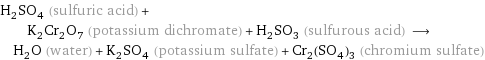 H_2SO_4 (sulfuric acid) + K_2Cr_2O_7 (potassium dichromate) + H_2SO_3 (sulfurous acid) ⟶ H_2O (water) + K_2SO_4 (potassium sulfate) + Cr_2(SO_4)_3 (chromium sulfate)