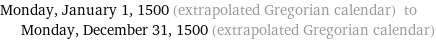 Monday, January 1, 1500 (extrapolated Gregorian calendar) to Monday, December 31, 1500 (extrapolated Gregorian calendar)