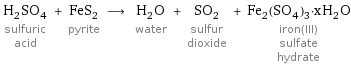 H_2SO_4 sulfuric acid + FeS_2 pyrite ⟶ H_2O water + SO_2 sulfur dioxide + Fe_2(SO_4)_3·xH_2O iron(III) sulfate hydrate