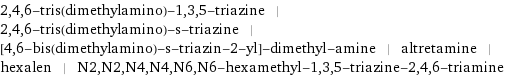 2, 4, 6-tris(dimethylamino)-1, 3, 5-triazine | 2, 4, 6-tris(dimethylamino)-s-triazine | [4, 6-bis(dimethylamino)-s-triazin-2-yl]-dimethyl-amine | altretamine | hexalen | N2, N2, N4, N4, N6, N6-hexamethyl-1, 3, 5-triazine-2, 4, 6-triamine