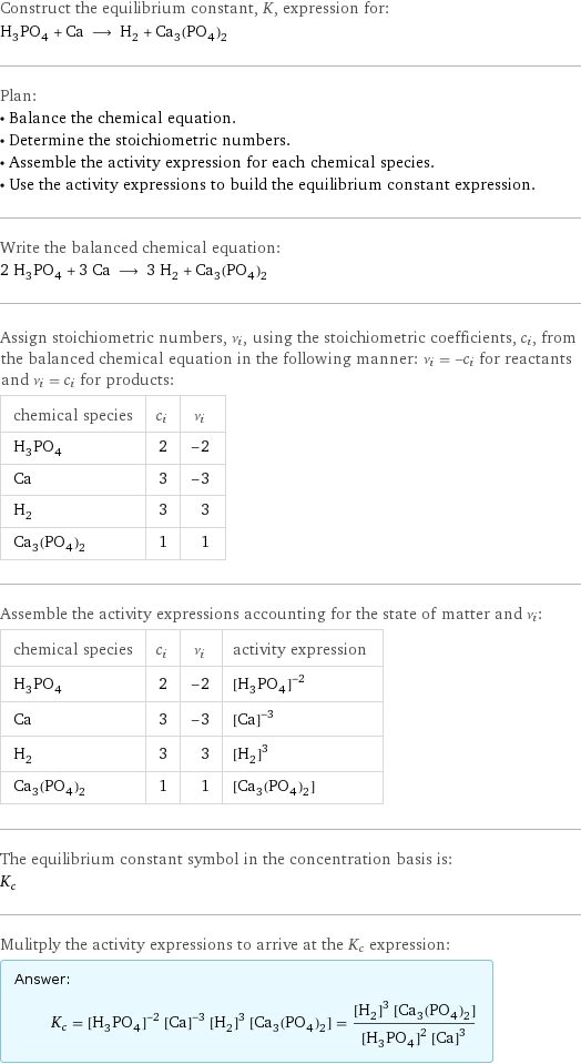 Construct the equilibrium constant, K, expression for: H_3PO_4 + Ca ⟶ H_2 + Ca_3(PO_4)_2 Plan: • Balance the chemical equation. • Determine the stoichiometric numbers. • Assemble the activity expression for each chemical species. • Use the activity expressions to build the equilibrium constant expression. Write the balanced chemical equation: 2 H_3PO_4 + 3 Ca ⟶ 3 H_2 + Ca_3(PO_4)_2 Assign stoichiometric numbers, ν_i, using the stoichiometric coefficients, c_i, from the balanced chemical equation in the following manner: ν_i = -c_i for reactants and ν_i = c_i for products: chemical species | c_i | ν_i H_3PO_4 | 2 | -2 Ca | 3 | -3 H_2 | 3 | 3 Ca_3(PO_4)_2 | 1 | 1 Assemble the activity expressions accounting for the state of matter and ν_i: chemical species | c_i | ν_i | activity expression H_3PO_4 | 2 | -2 | ([H3PO4])^(-2) Ca | 3 | -3 | ([Ca])^(-3) H_2 | 3 | 3 | ([H2])^3 Ca_3(PO_4)_2 | 1 | 1 | [Ca3(PO4)2] The equilibrium constant symbol in the concentration basis is: K_c Mulitply the activity expressions to arrive at the K_c expression: Answer: |   | K_c = ([H3PO4])^(-2) ([Ca])^(-3) ([H2])^3 [Ca3(PO4)2] = (([H2])^3 [Ca3(PO4)2])/(([H3PO4])^2 ([Ca])^3)