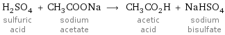 H_2SO_4 sulfuric acid + CH_3COONa sodium acetate ⟶ CH_3CO_2H acetic acid + NaHSO_4 sodium bisulfate