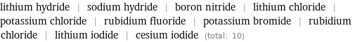 lithium hydride | sodium hydride | boron nitride | lithium chloride | potassium chloride | rubidium fluoride | potassium bromide | rubidium chloride | lithium iodide | cesium iodide (total: 10)